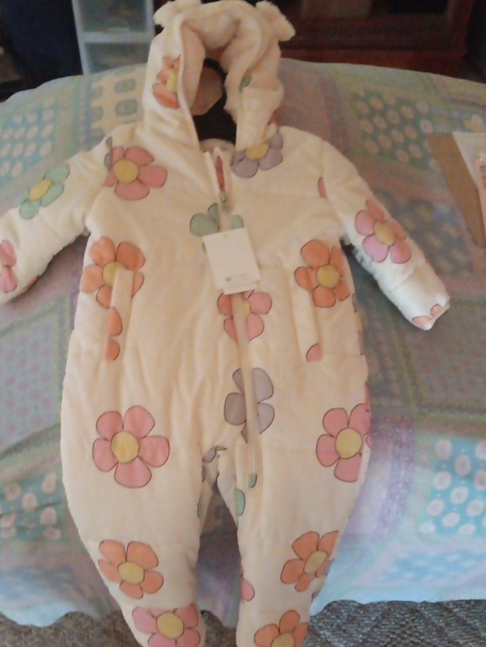 Cream Floral Hooded Baby One-Piece Snowsuit